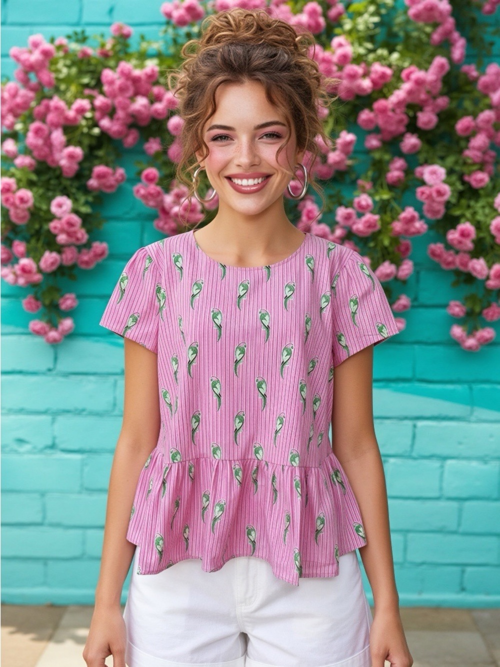 crown & ivy Pink Short Sleeve Peplum Top with Parrot Print. Tie back. - Picture 1 of 8